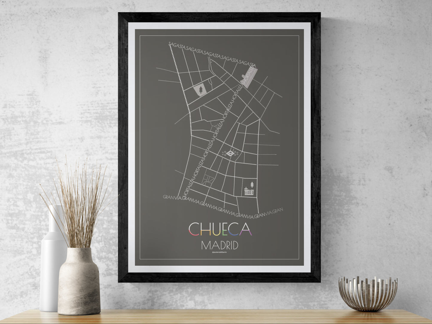 50x70 pride art poster map of Chueca neighbourhood in Madrid, Spain.