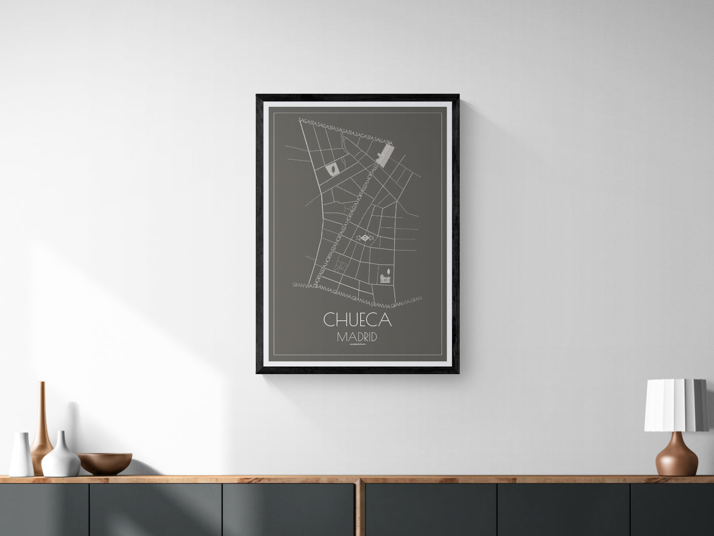 70x100 art poster map of Chueca neighbourhood in Madrid, Spain.