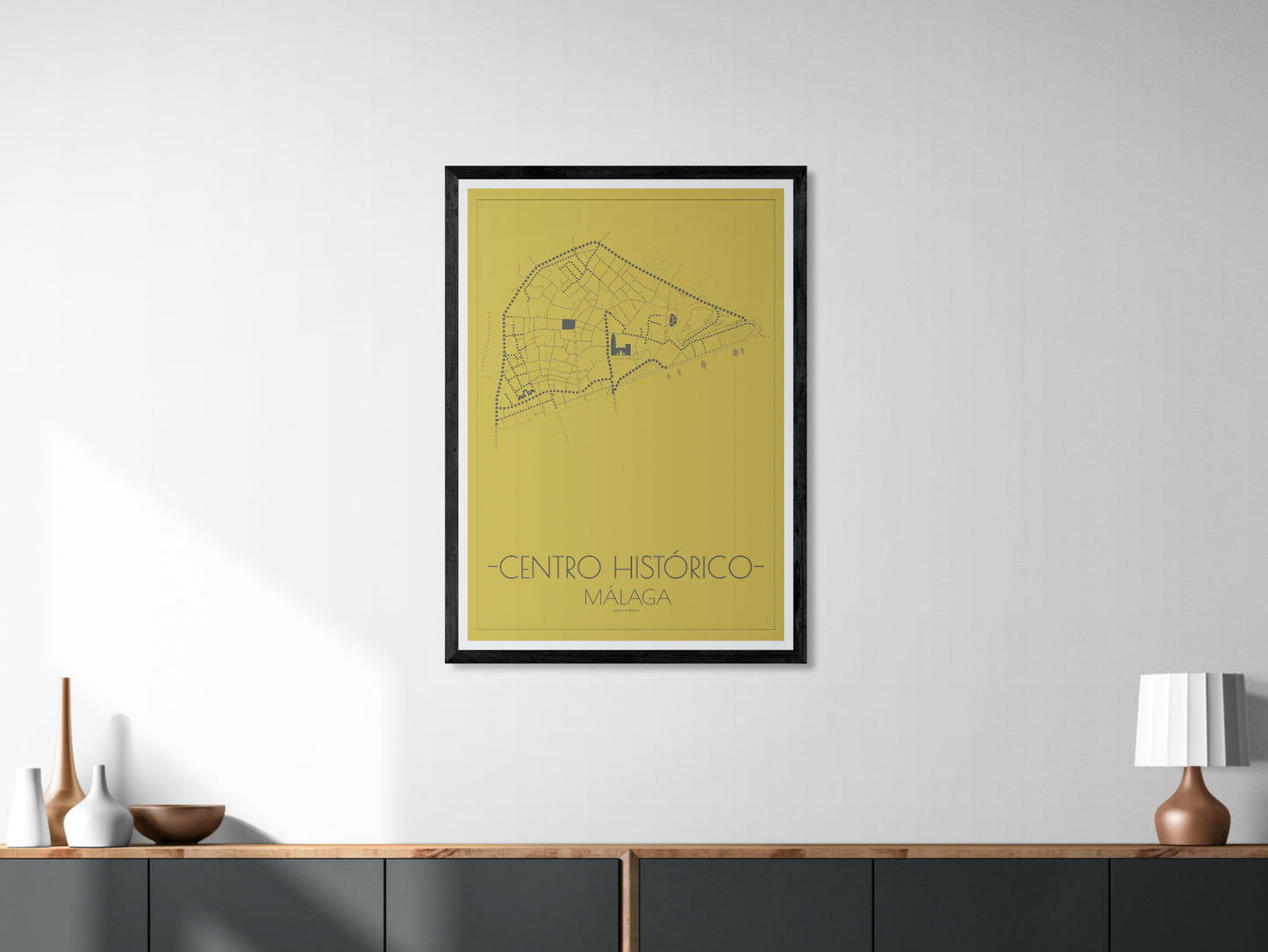 70x100 poster map of Malaga city Center, gold variant.