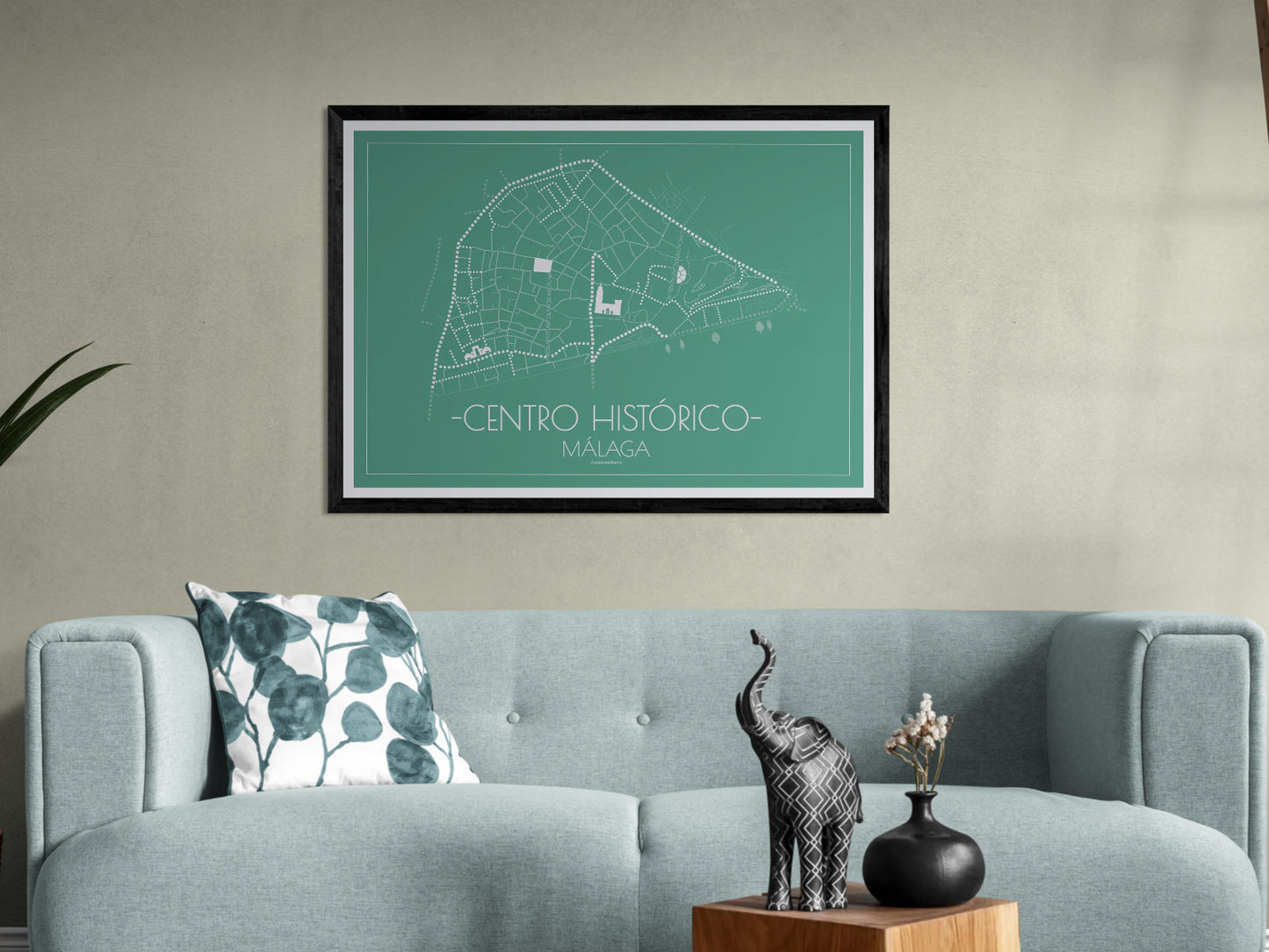 100x70 poster map of Malaga city Center, green variant.