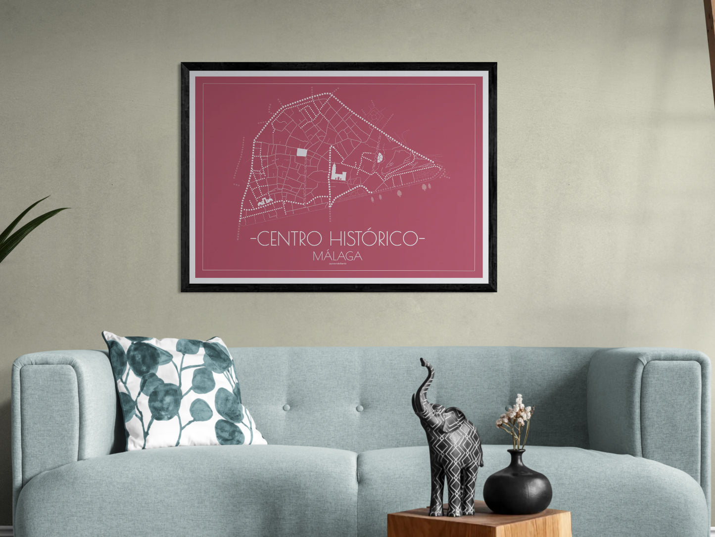 100x70 poster map of Malaga city Center, pink variant.
