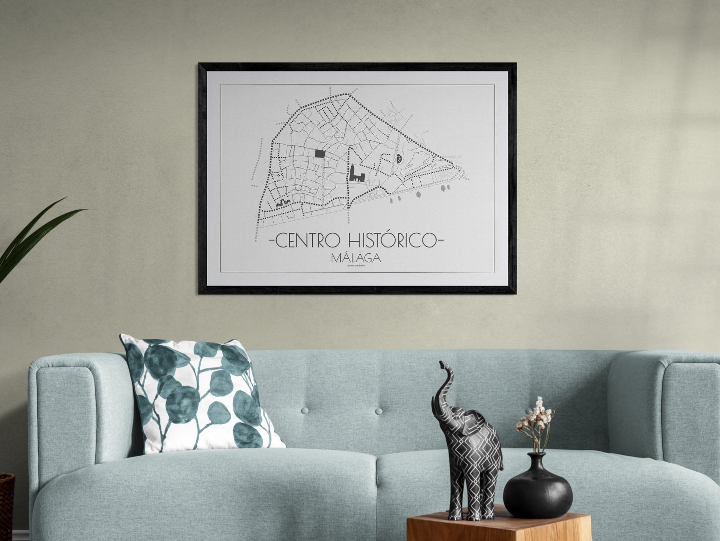 100x70 poster map of Malaga city Center, white variant.