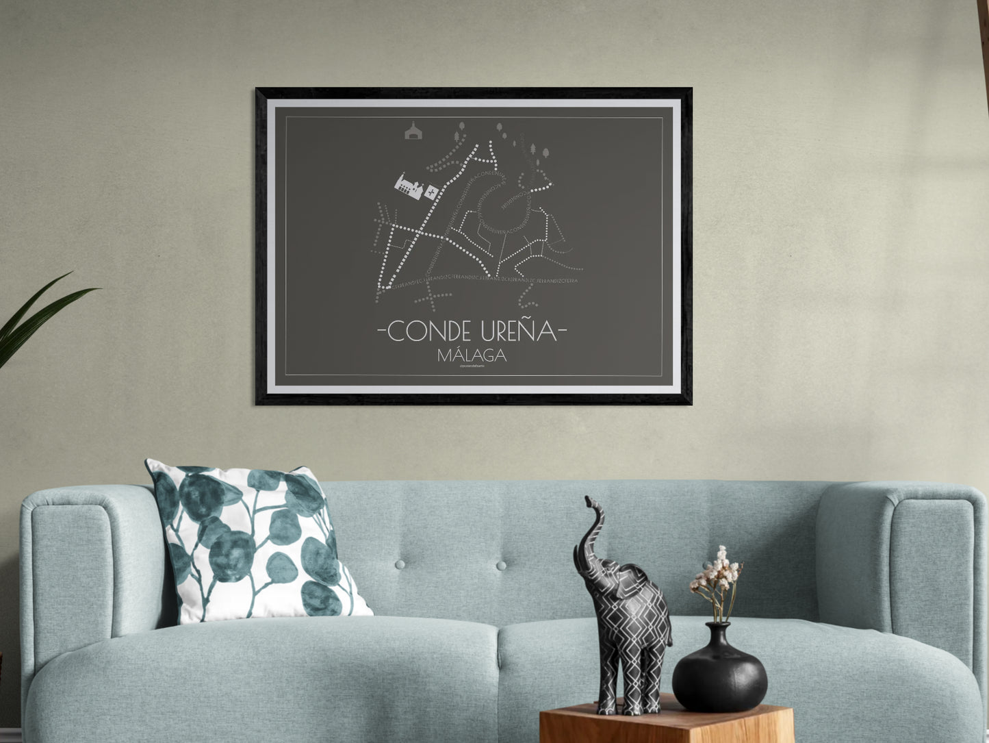 100x70 poster map of Malaga city conde de Urena, dark variant.
