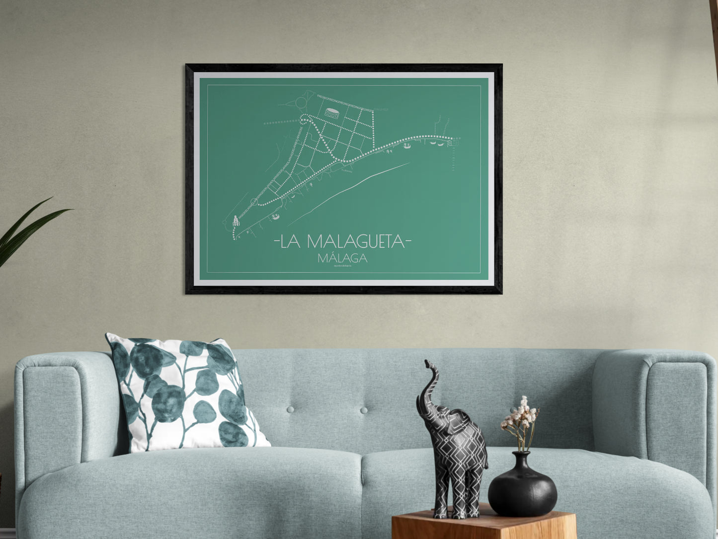 100x70 poster map of Malaga city la malagueta, emeral variant.