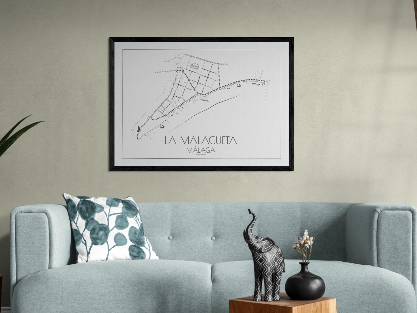 100x70 poster map of Malaga city la malagueta, light variant.