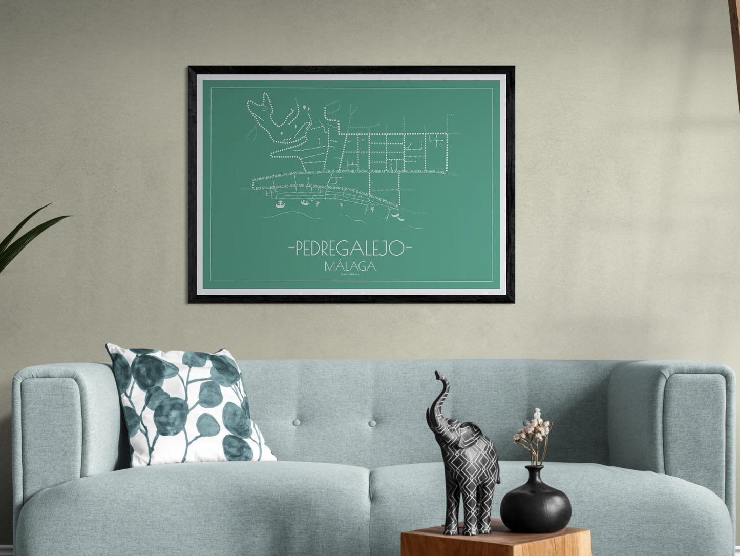 100x70 poster map of Malaga city pedregalejo, emerald variant.