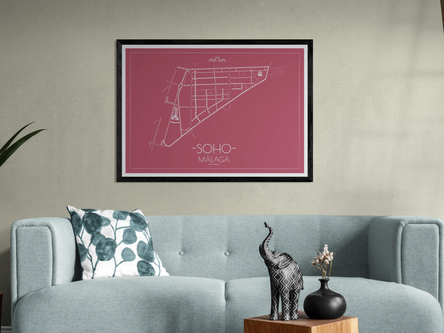 100x70 poster map of Malaga city soho, cherry variant.