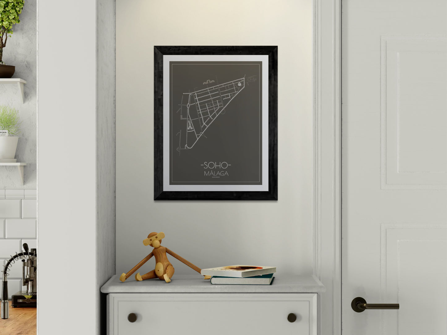 30x40 poster map of Malaga city soho, dark variant.