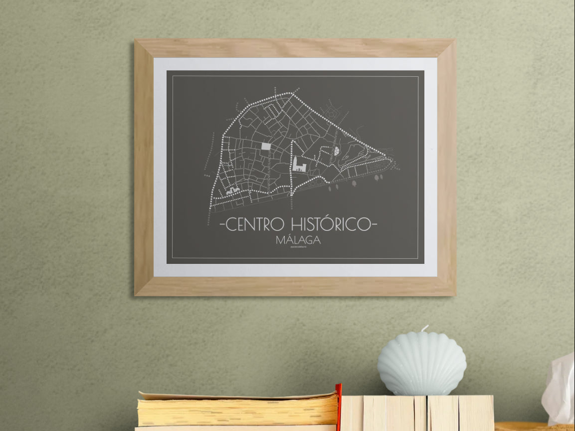 40x30 poster map of Malaga city Center, dark variant.