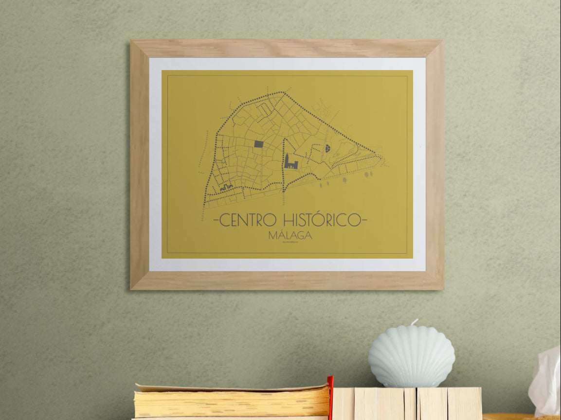 40x30 poster map of Malaga city Center, gold variant.