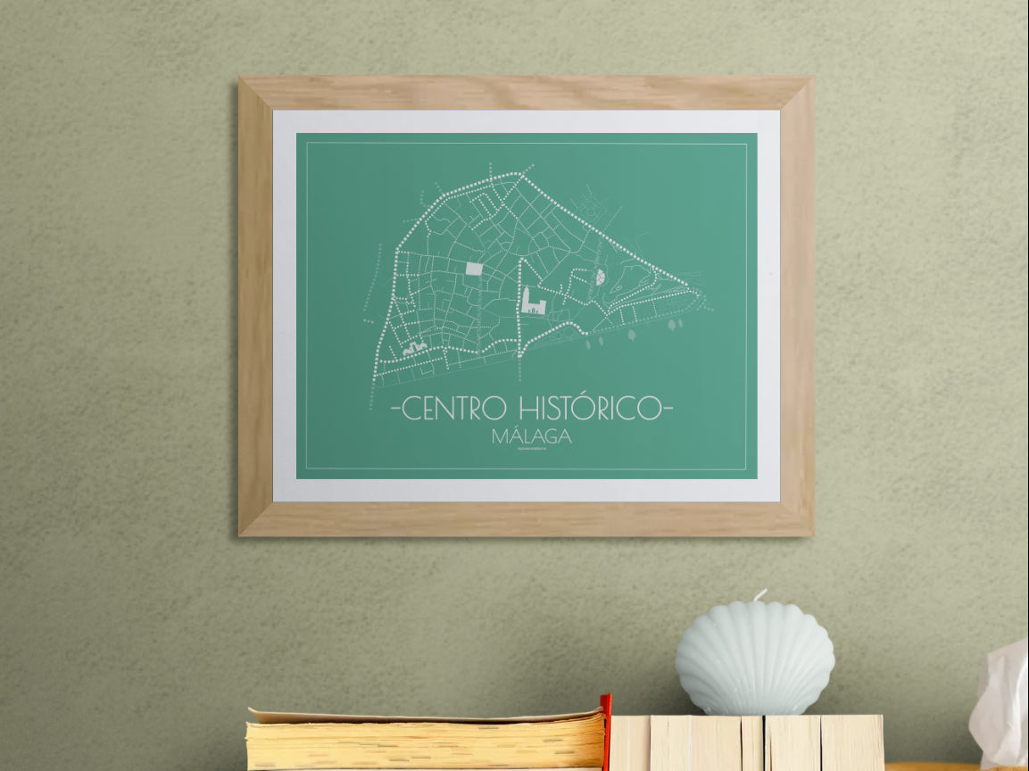 40x30 poster map of Malaga city Center, green variant.