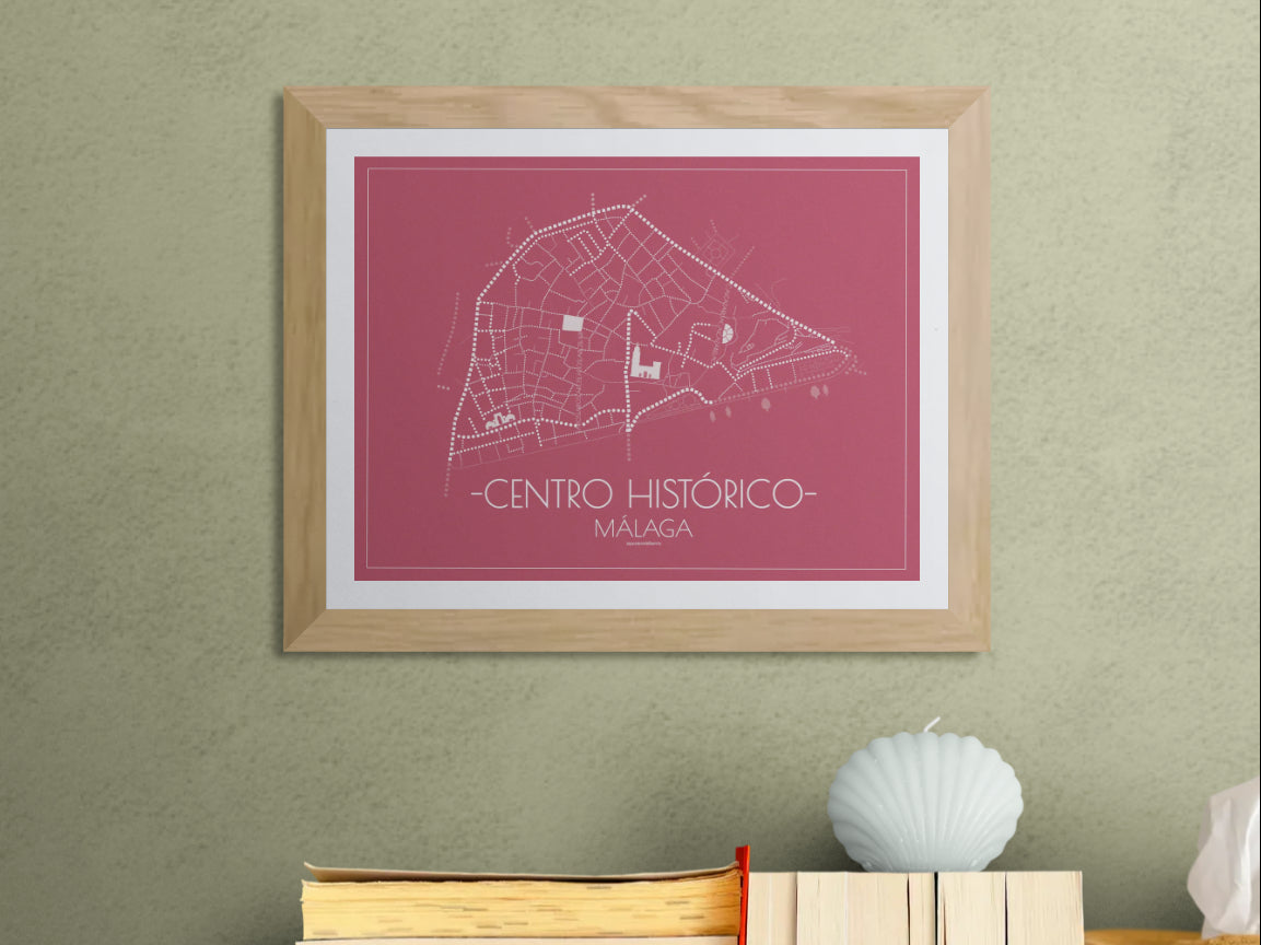 40x30 poster map of Malaga city Center, pink variant.