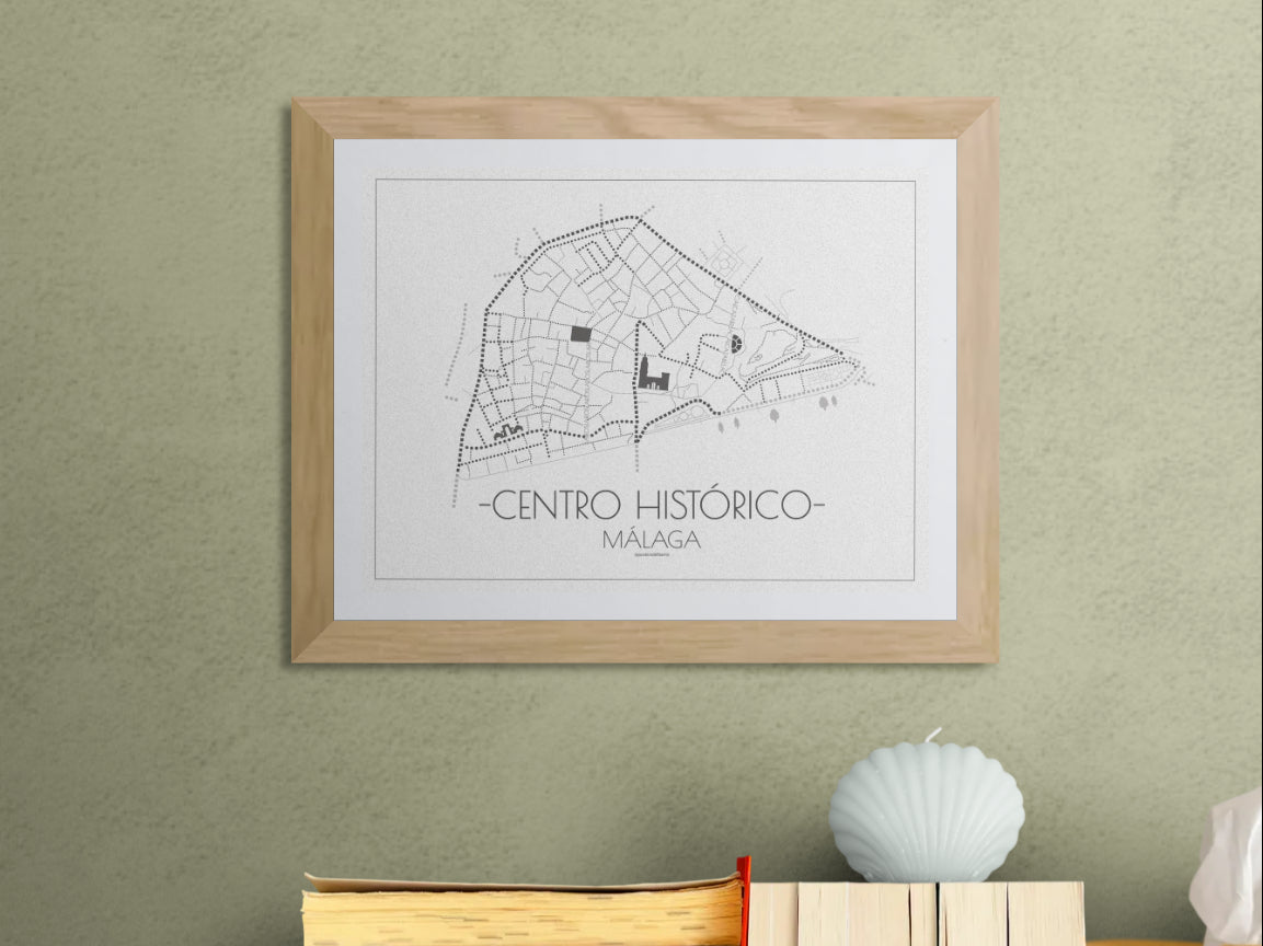 40x30 poster map of Malaga city Center, white variant.