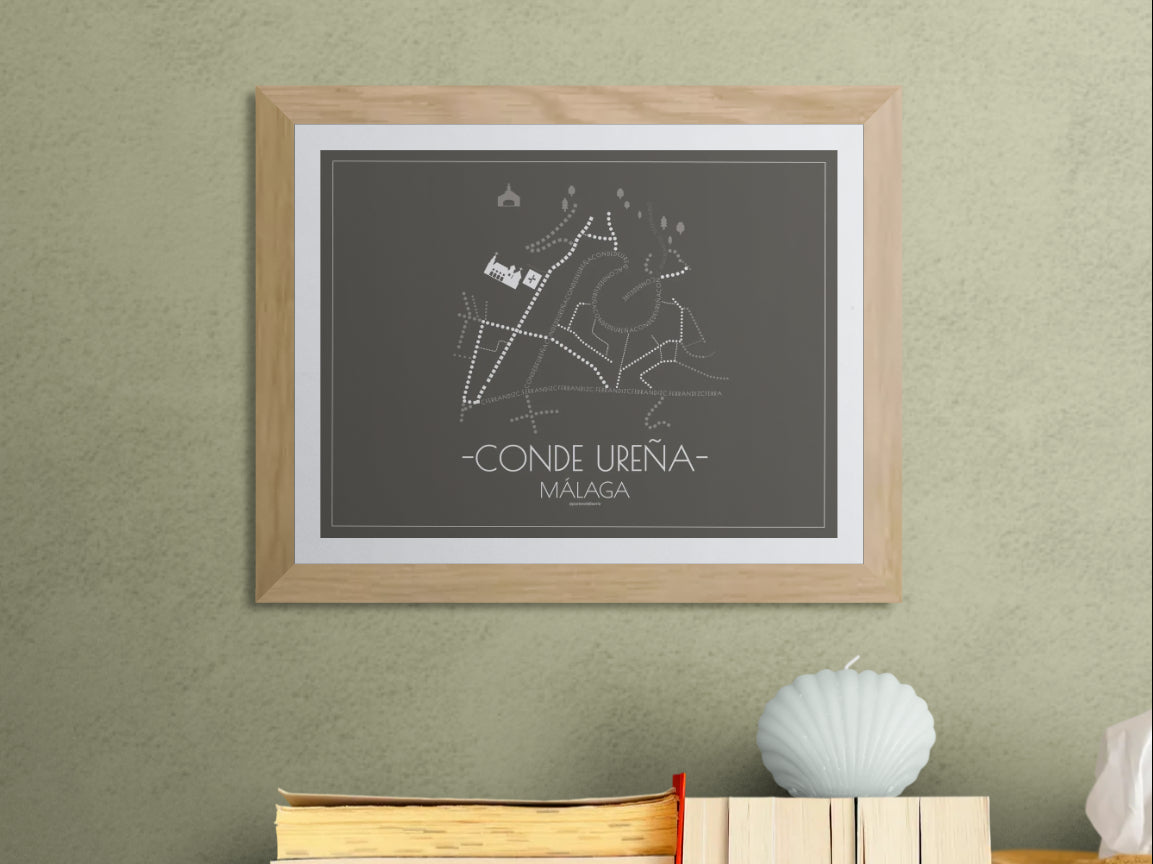 40x30 poster map of Malaga city conde urena, dark variant.