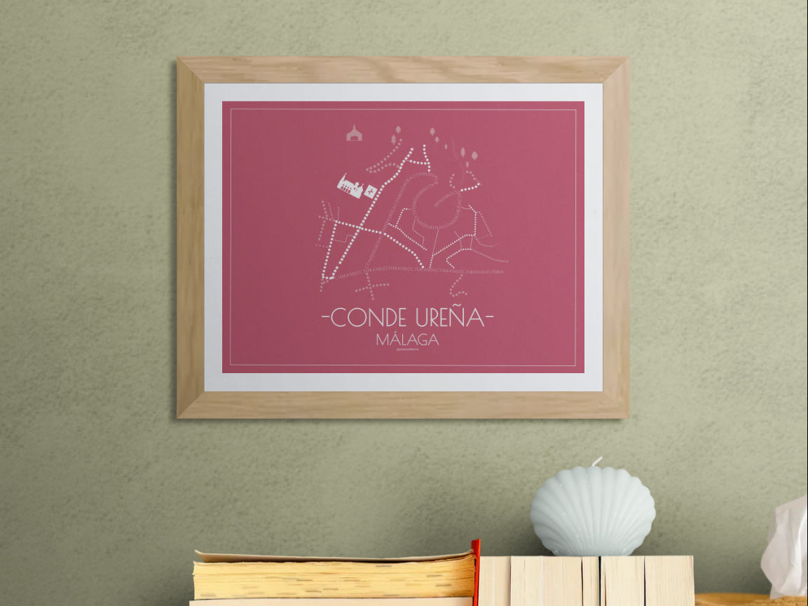 40x30 poster map of Malaga city conde urena, cherry variant.