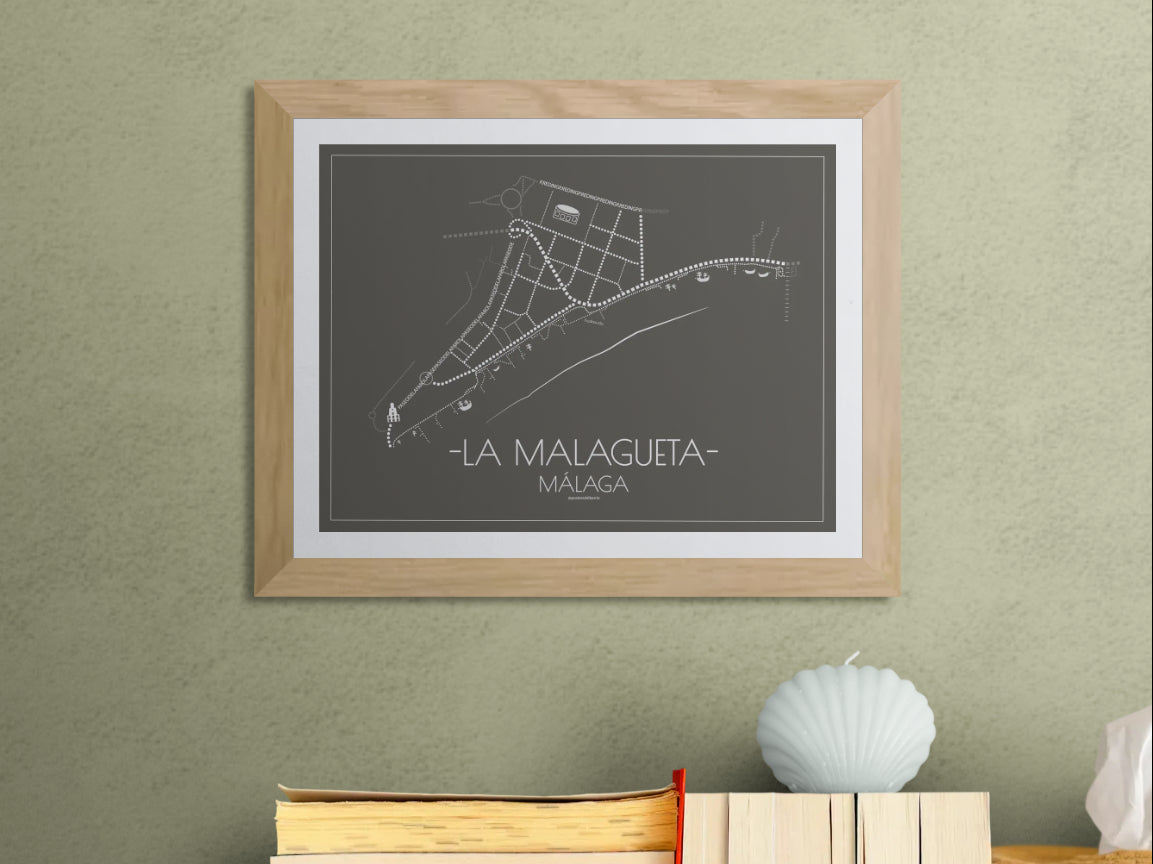 40x30 poster map of Malaga la malagueta, dark variant.