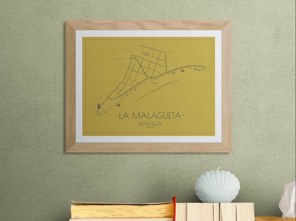 40x30 poster map of Malaga la malagueta, gold variant.