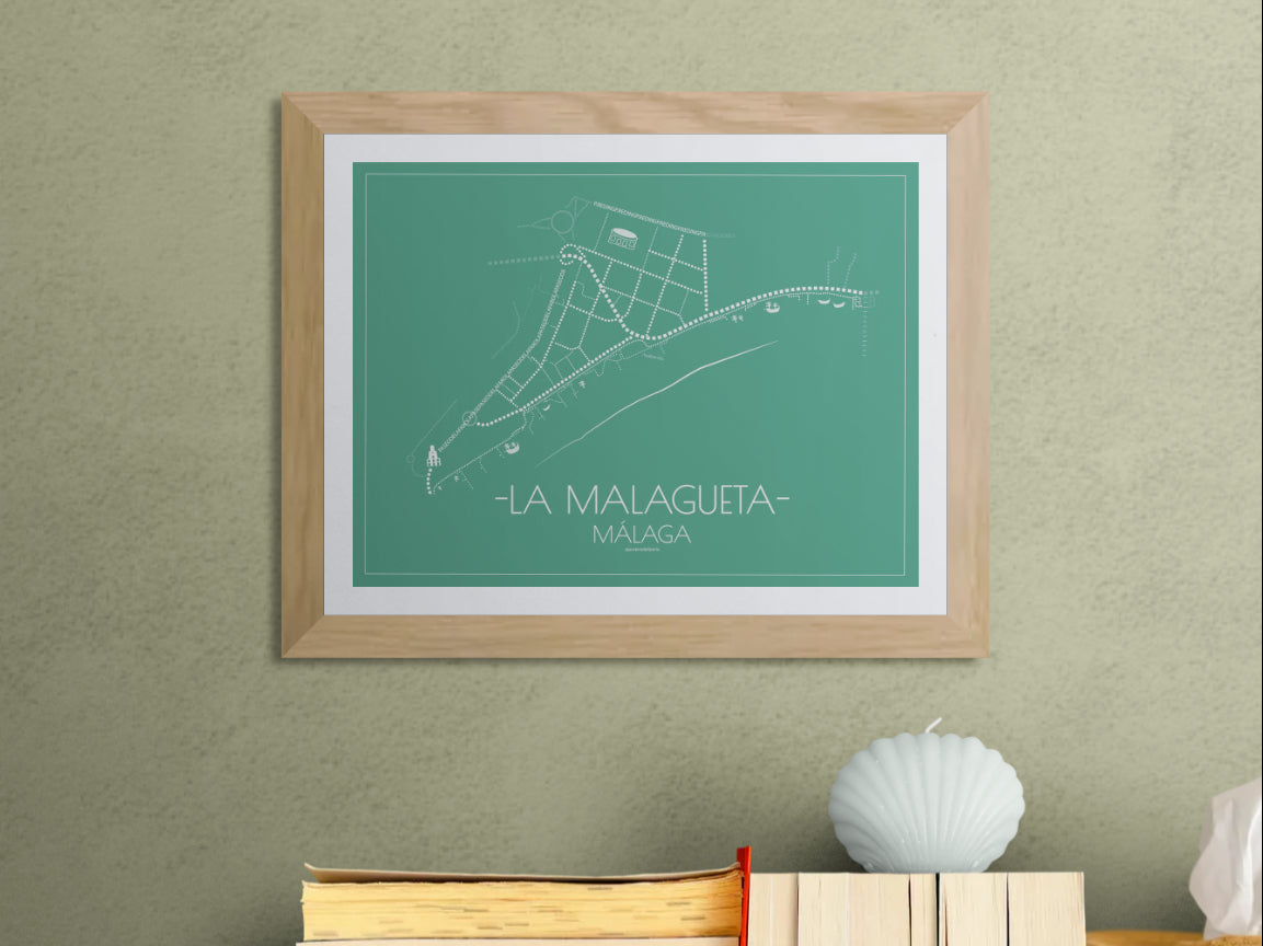 40x30 poster map of Malaga la malagueta, emerald variant.