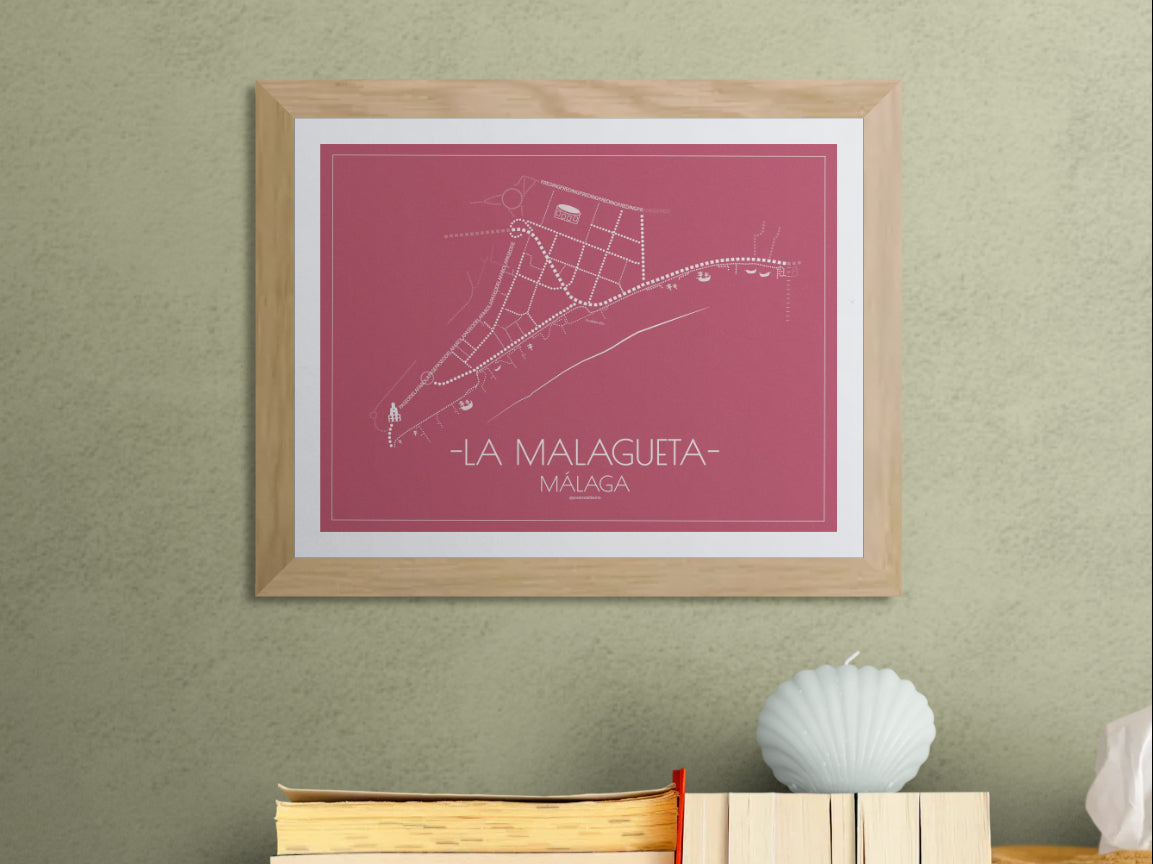 40x30 poster map of Malaga la malagueta, cherry variant.