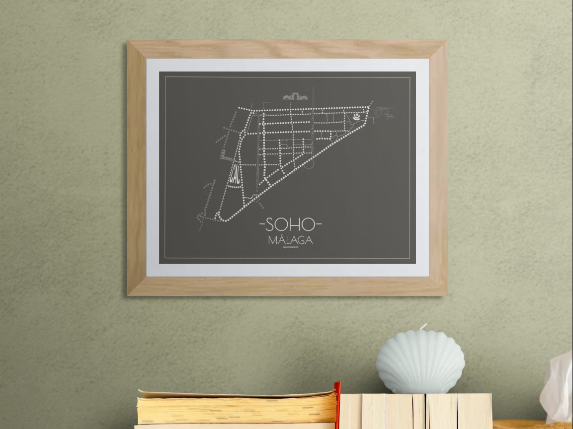 40x30 poster map of Malaga soho, dark variant.