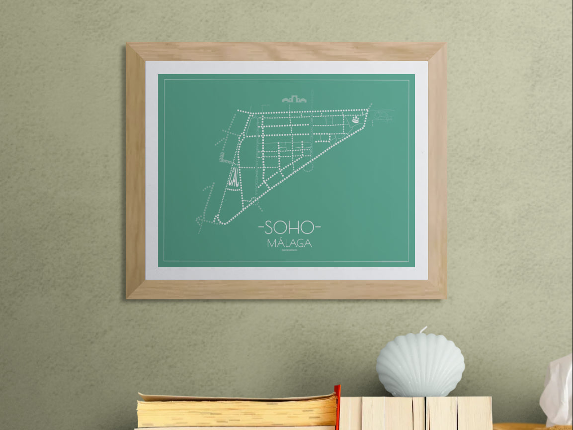 40x30 poster map of Malaga soho, emerald variant.