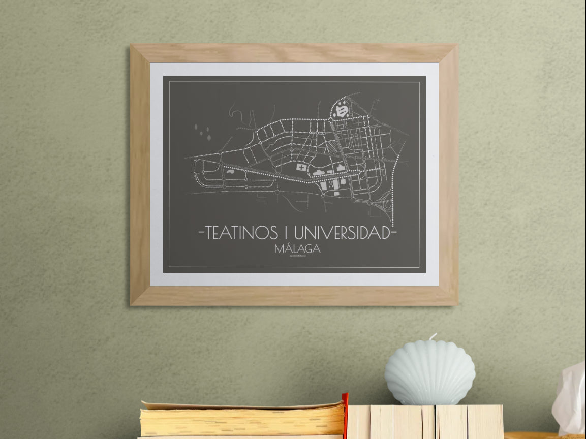 40x30 poster map of Malaga teatinos, dark variant.
