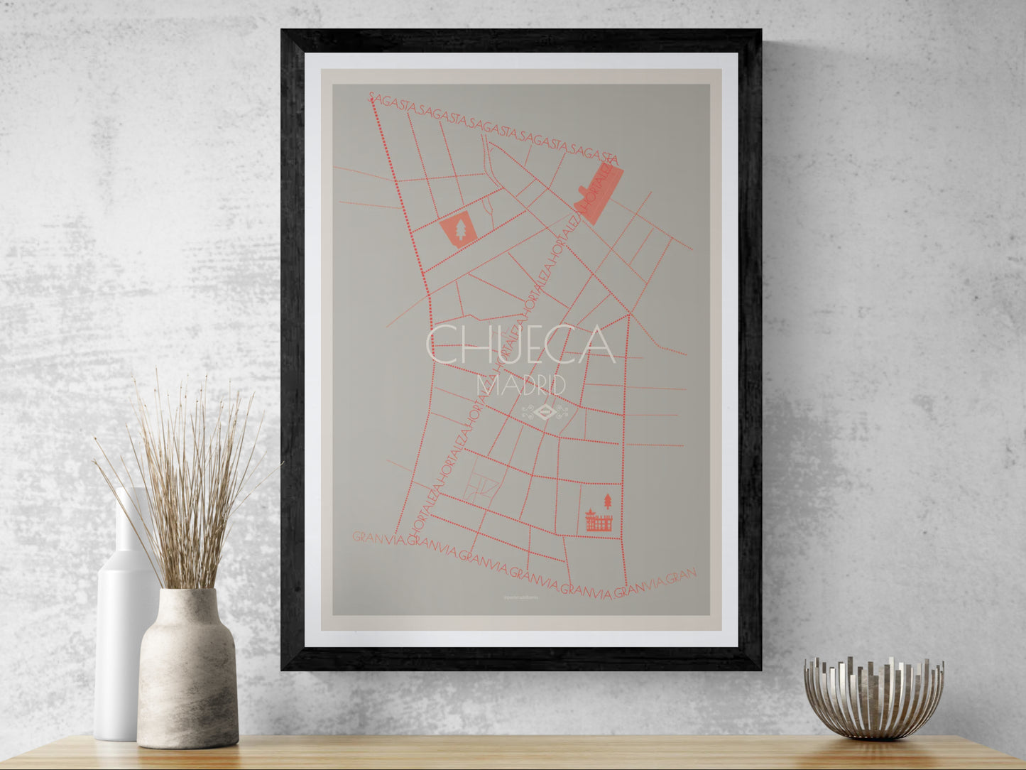 50x70 art minimal poster map of Chueca neighbourhood in Madrid, Spain.