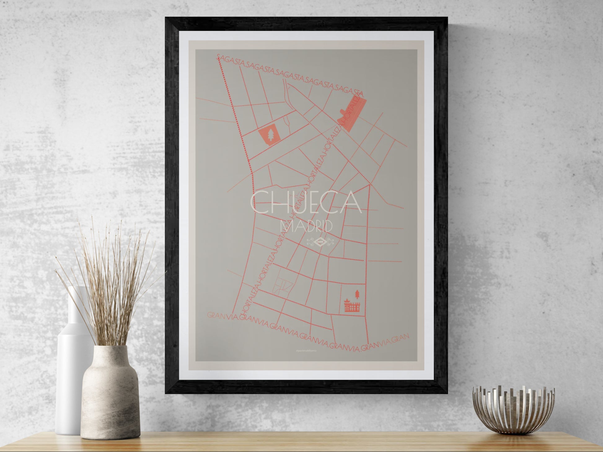 50x70 art minimal poster map of Chueca neighbourhood in Madrid, Spain.