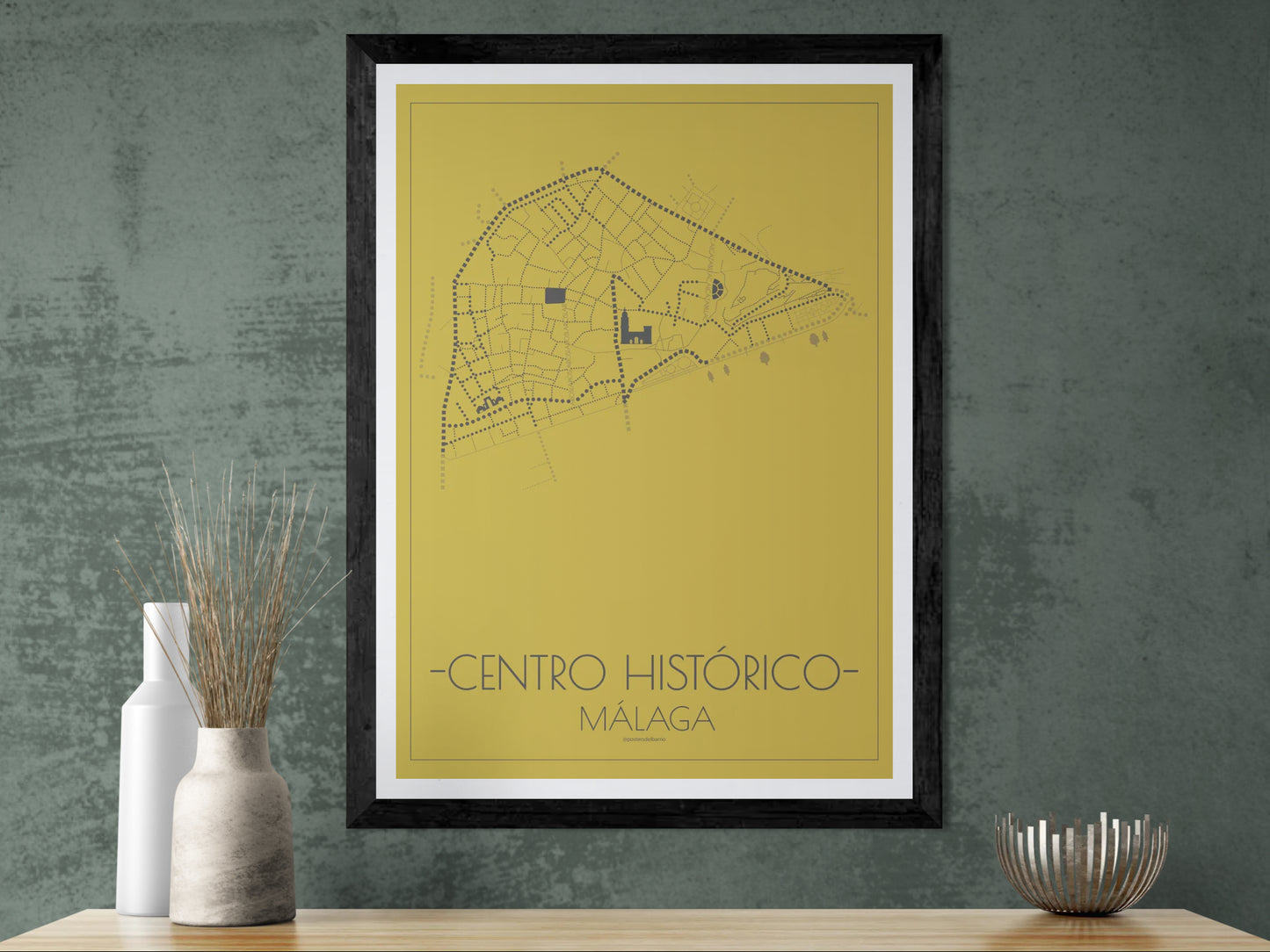 50x70 poster map of Malaga city Center, gold variant.