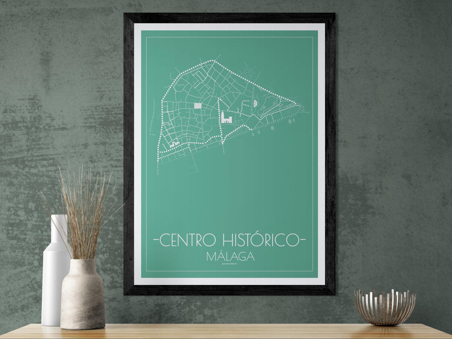 50x70 poster map of Malaga city Center, green variant.