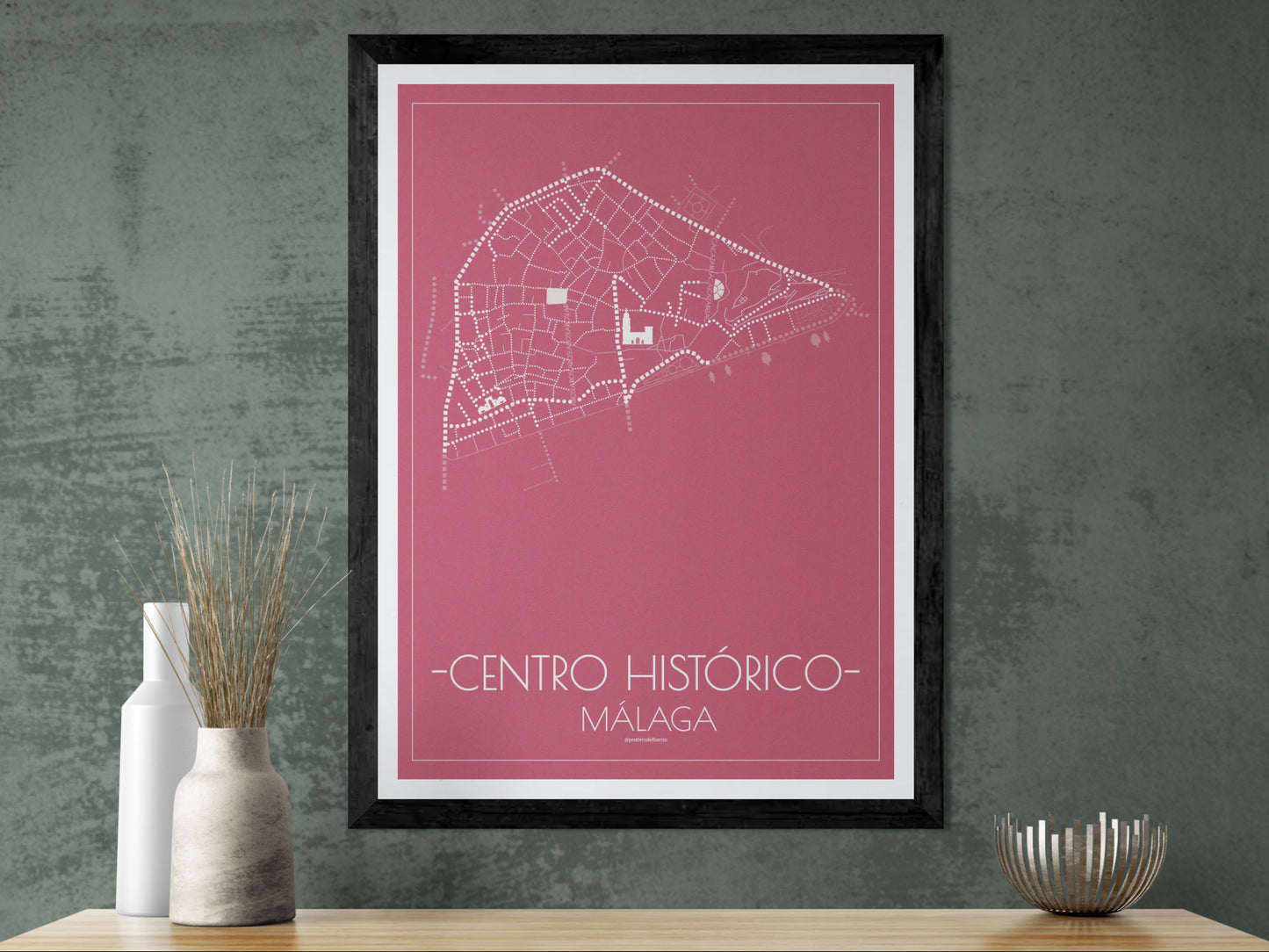 50x70 poster map of Malaga city Center, pink variant.