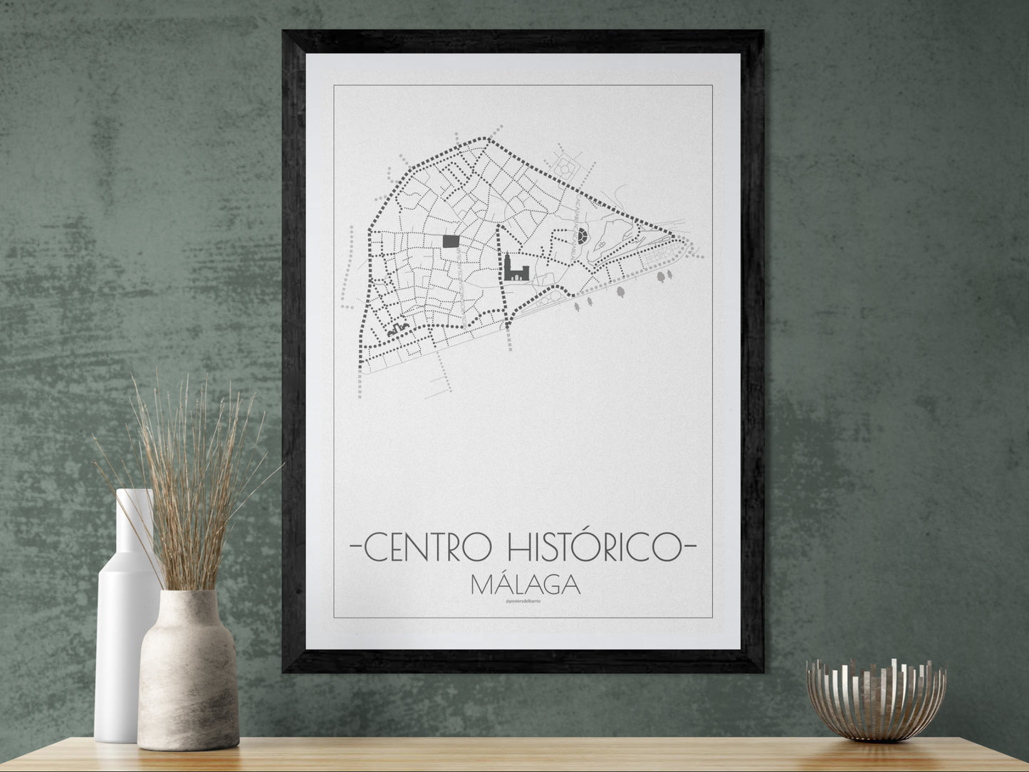 50x70 poster map of Malaga city Center, white variant.