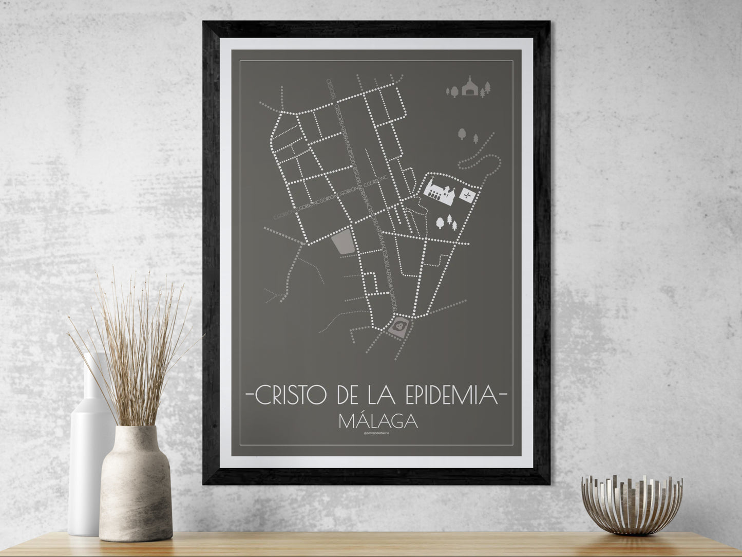 50x70 poster map of Malaga cristo de la epidemia, dark variant.