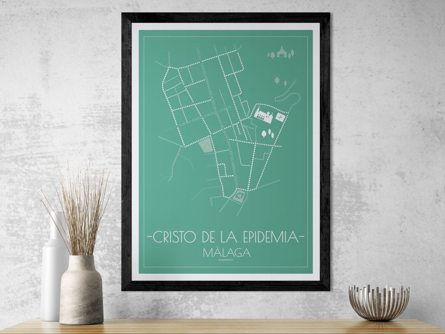 50x70 poster map of Malaga cristo de la epidemia, emerald variant.