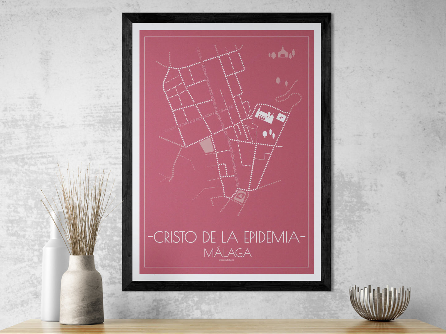 50x70 poster map of Malaga cristo de la epidemia, cherry variant.