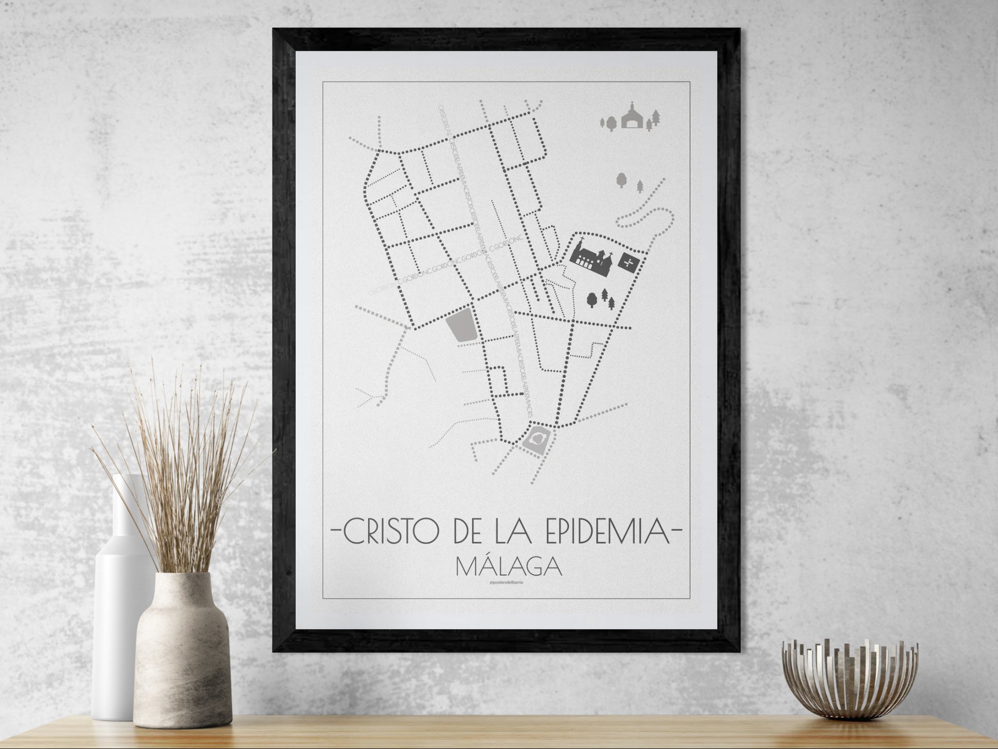 50x70 poster map of Malaga cristo de la epidemia, light variant.