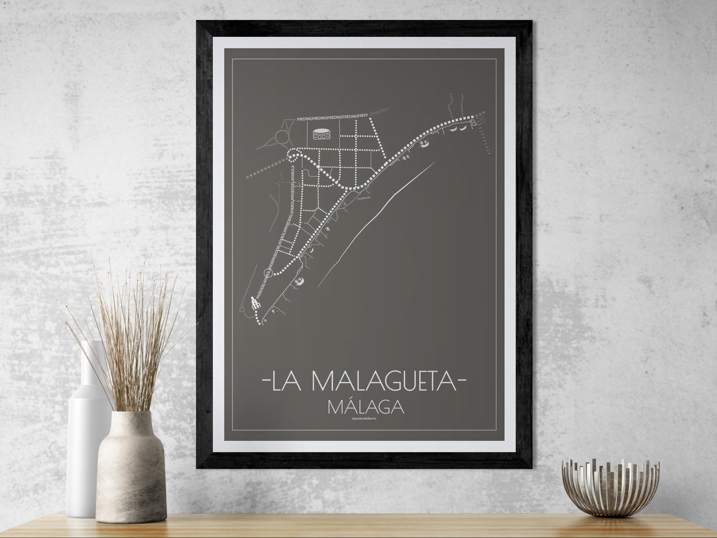 50x70 poster map of Malaga la malagueta, dark variant.