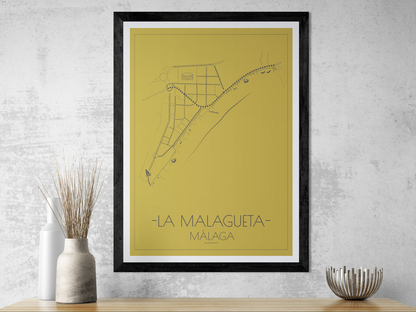 50x70 poster map of Malaga la malagueta, gold variant.