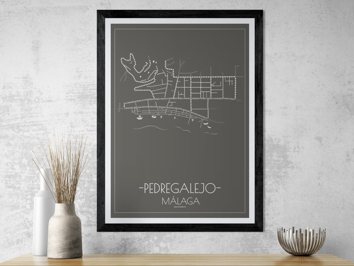 50x70 poster map of Malaga pedregalejo, dark variant.