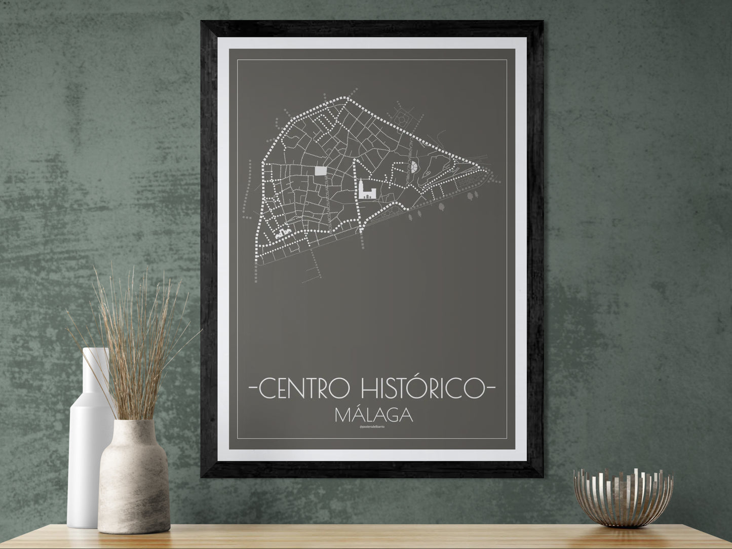 50x70 poster map of Malaga city Center, dark variant.