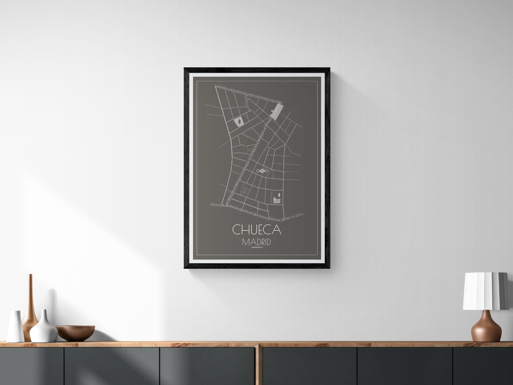 70x100 art poster map of Chueca neighbourhood in Madrid, Spain.