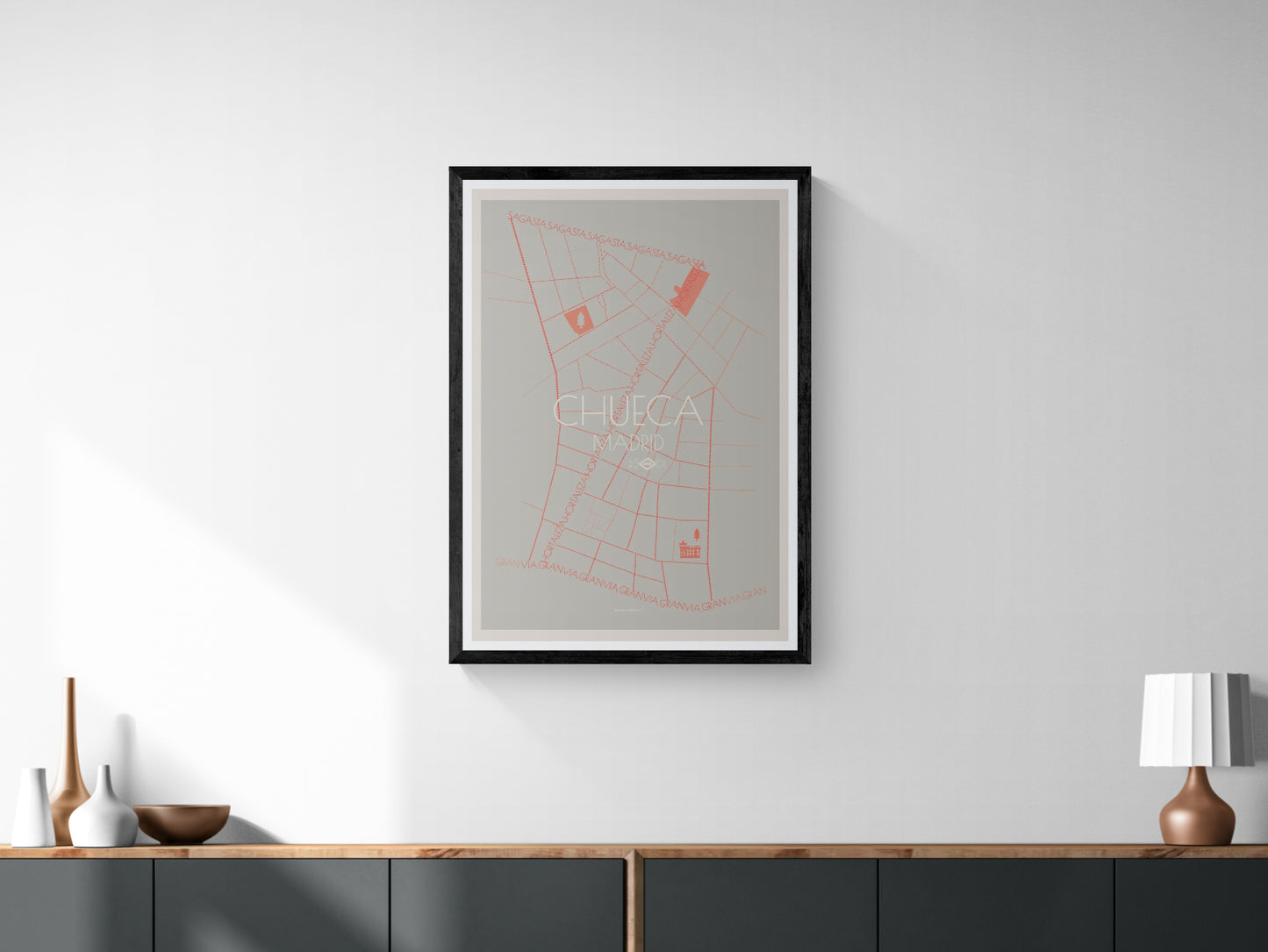 70x100 art poster map of Chueca neighbourhood in Madrid, Spain.