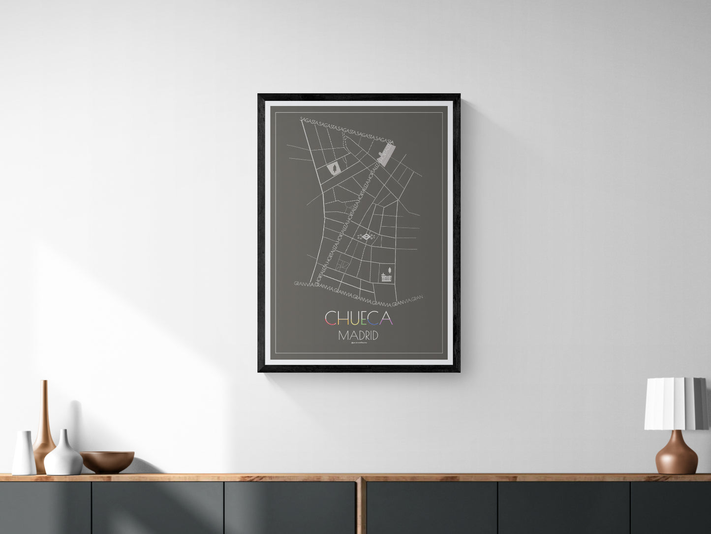 70x100 pride art poster map of Chueca neighbourhood in Madrid, Spain.