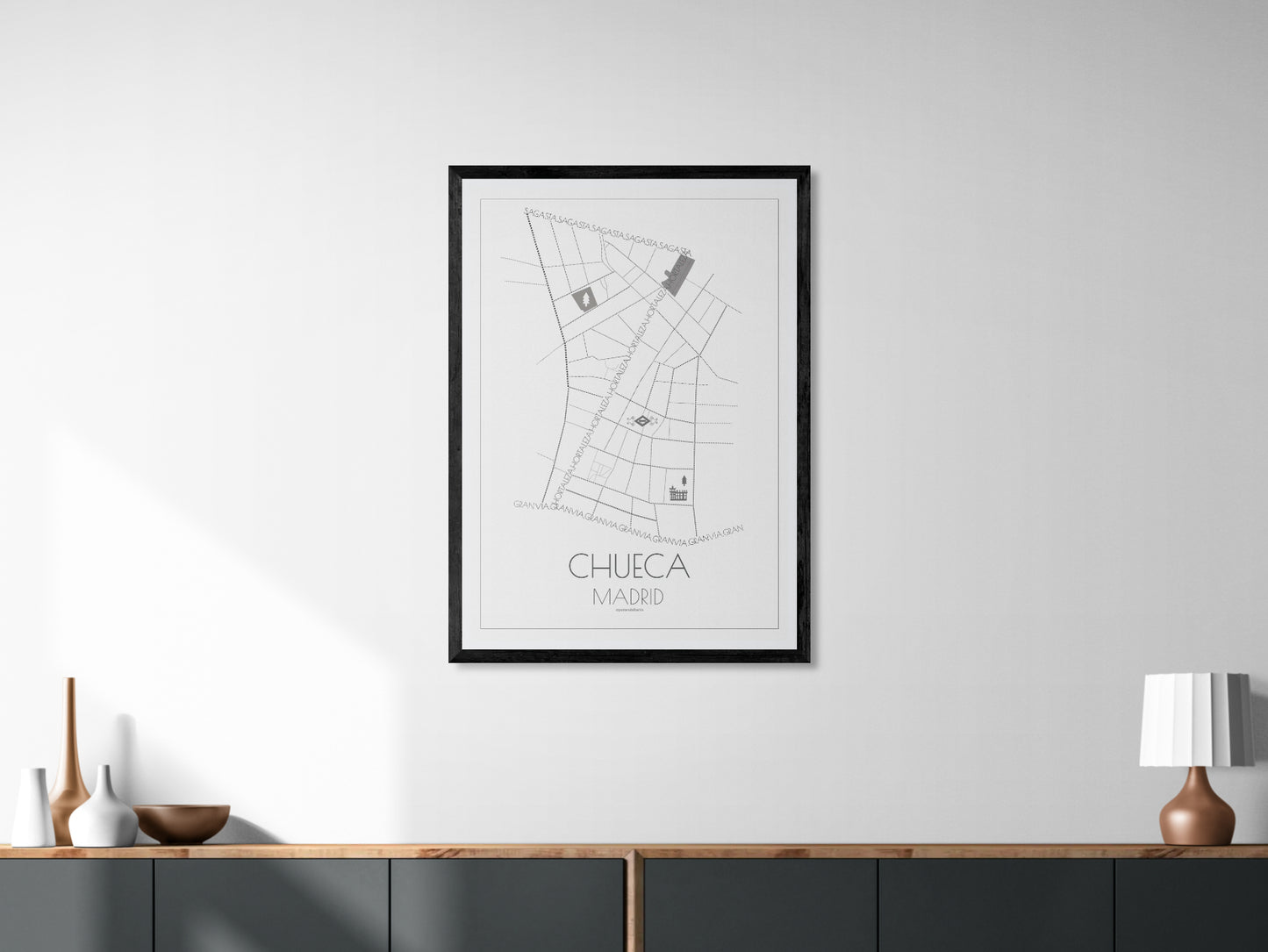 70x100 poster map of Chueca neighbourhood in Madrid, Spain.