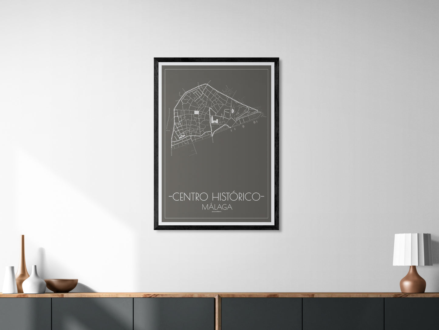 70x100 poster map of Malaga city Center, dark variant.