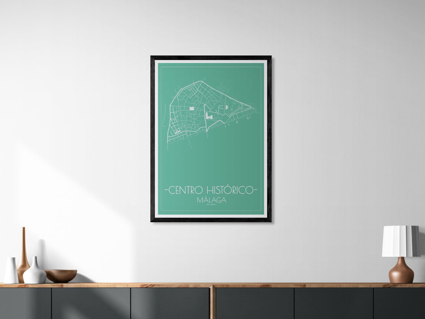 70x100 poster map of Malaga city Center, green variant.