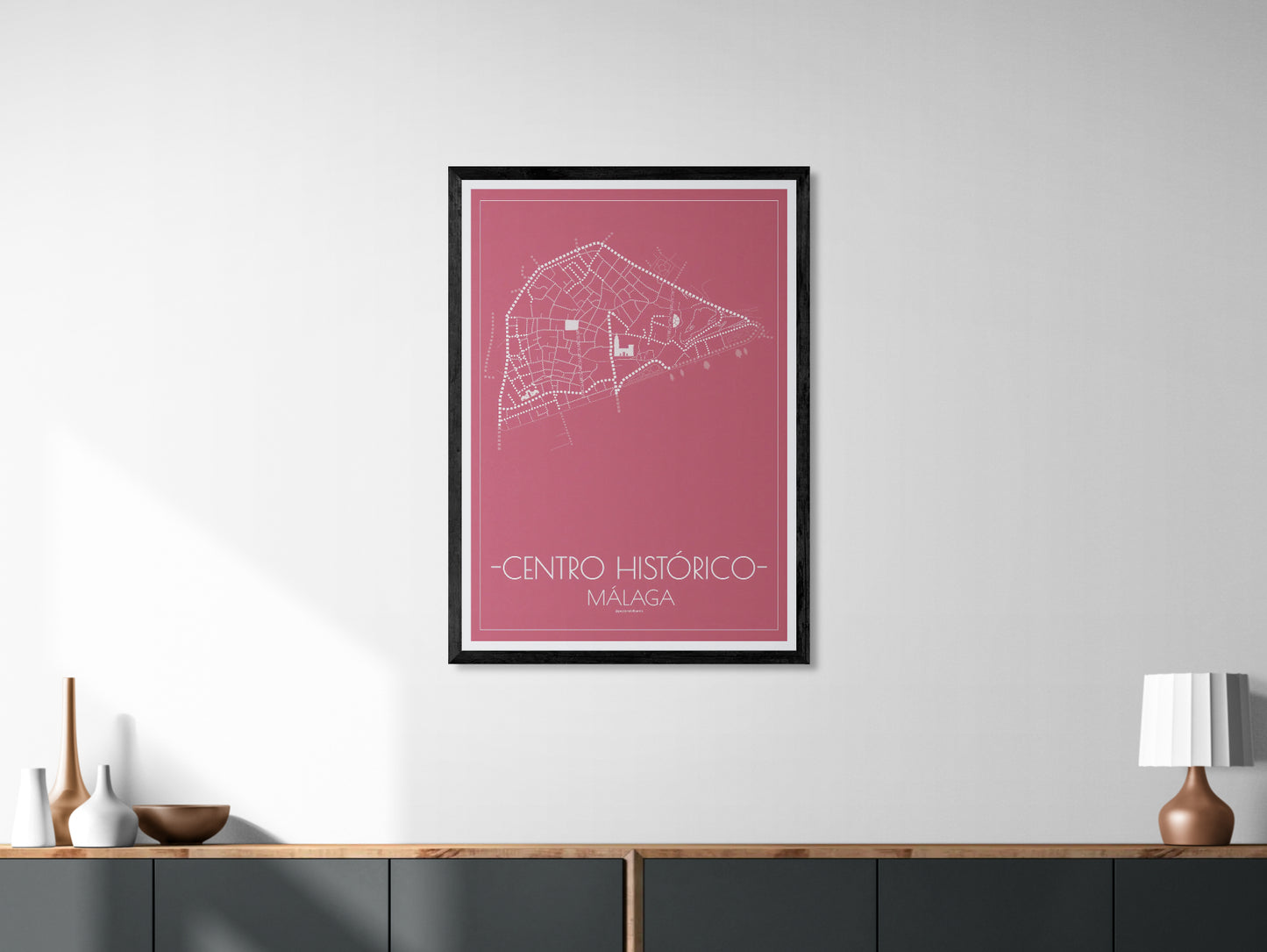70x100 poster map of Malaga city Center, pink variant.
