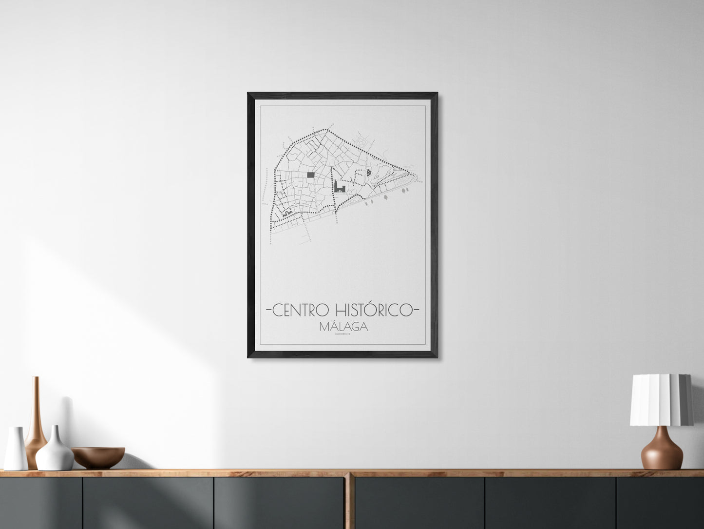 70x100 poster map of Malaga city Center, white variant.