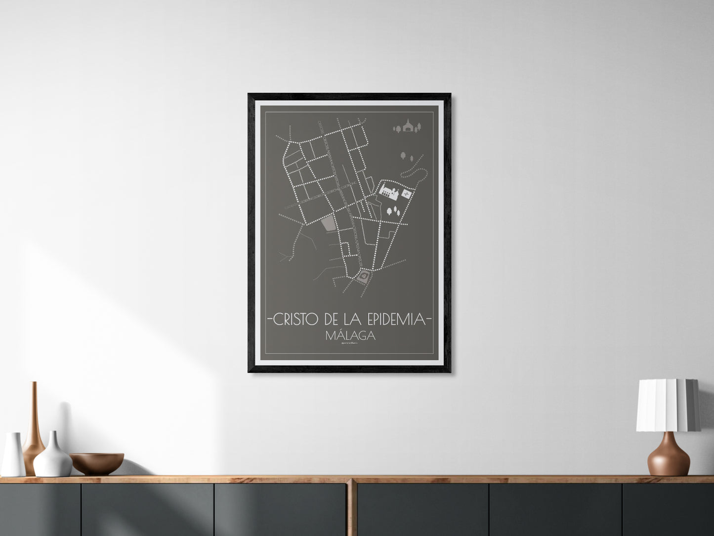 70x100 poster map of Malaga cristo de la epidemia, dark variant.
