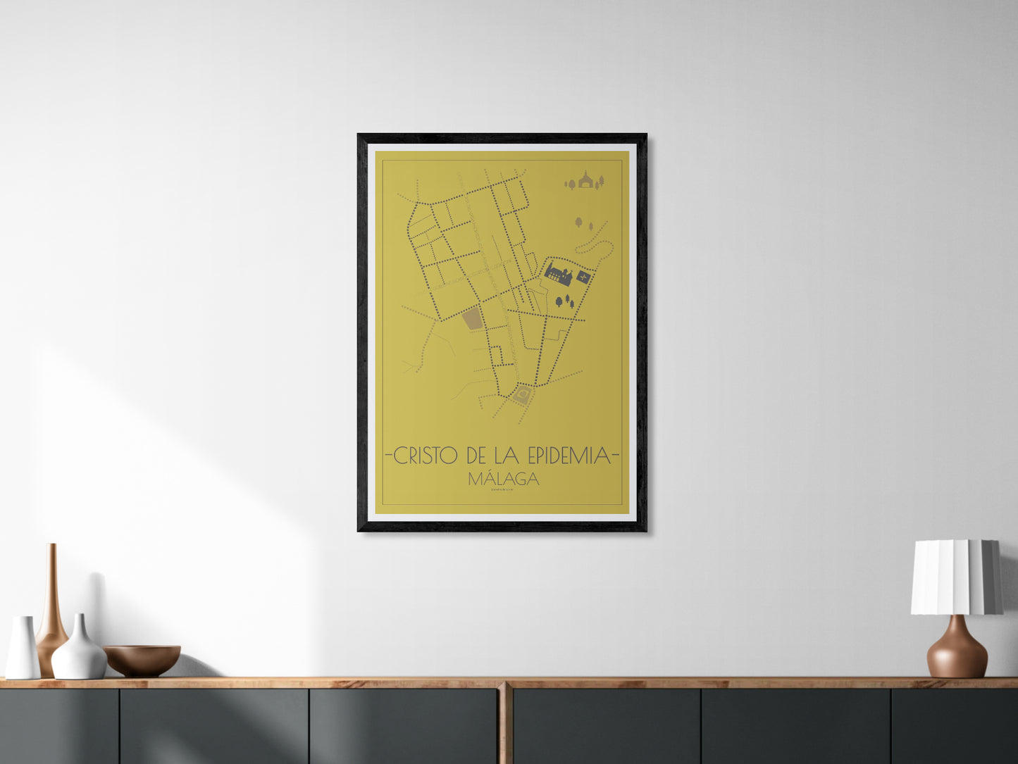 70x100 poster map of Malaga cristo de la epidemia, gold variant.